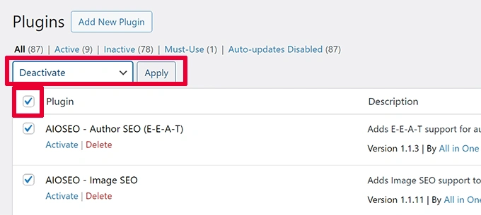 Deactivate all plugins Deactivate all plugins