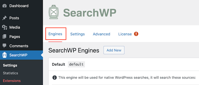 searchwp engines tab
