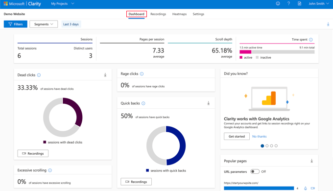 查看 Microsoft Clarity 分析仪表板