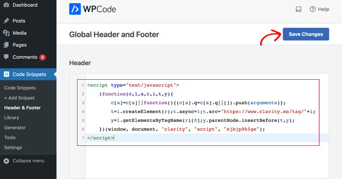 将 Microsoft Clarity Tracking 代码粘贴到 WPCode 的标头字段中