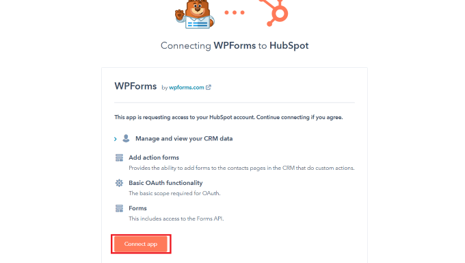 单击连接应用程序按钮连接 WPForms 和 HubSpot