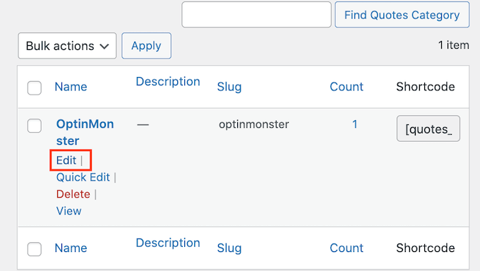 在 WordPress 仪表板中编辑报价类别