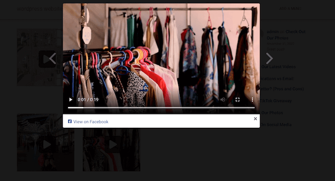 在 WordPress 网站的灯箱中看到的嵌入式 Facebook 视频