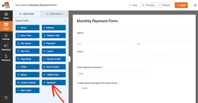 WPForms 编辑器中的签名字段