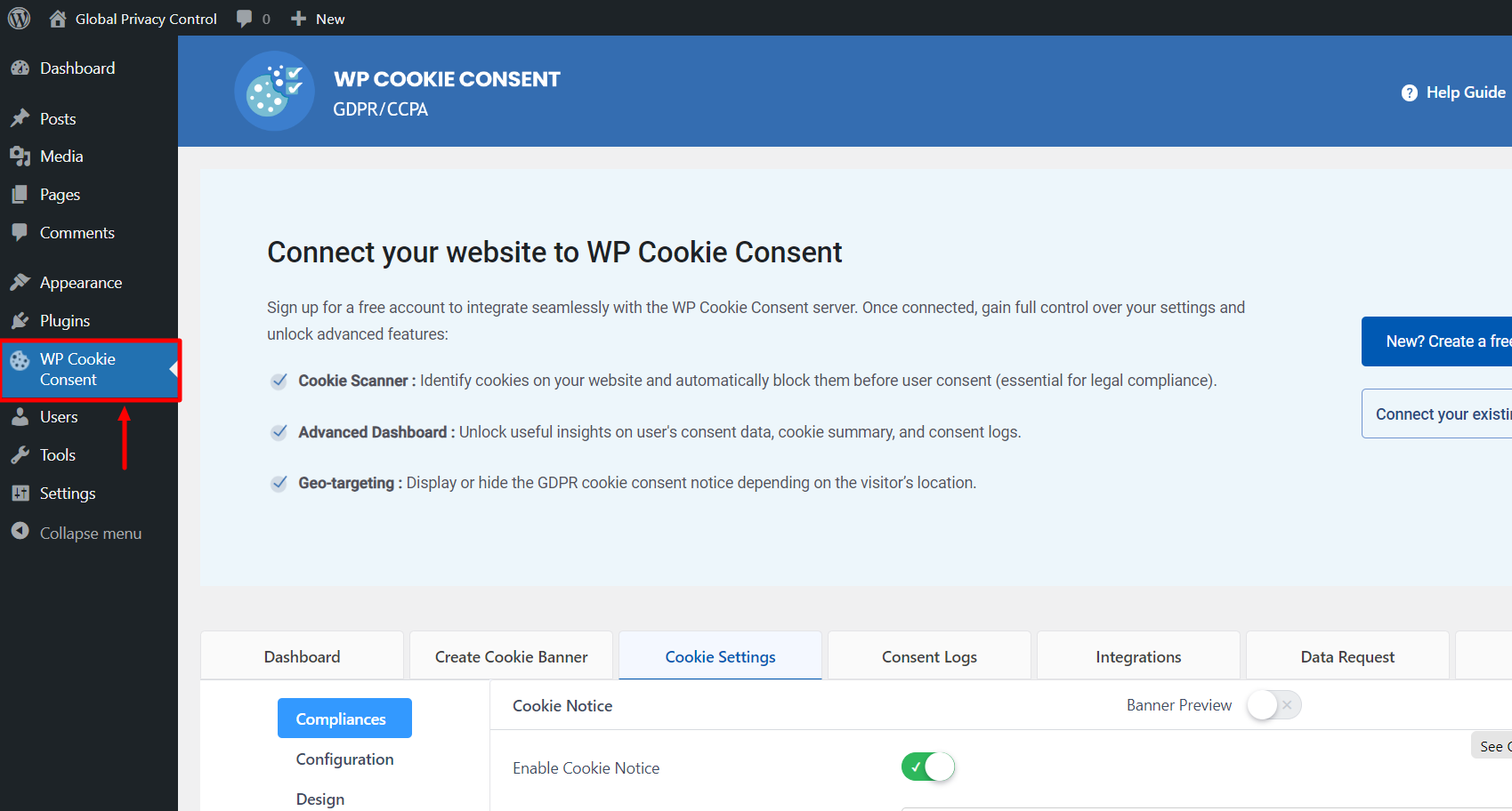 Selecting WP Cookie Consent option in dashboard of WordPress